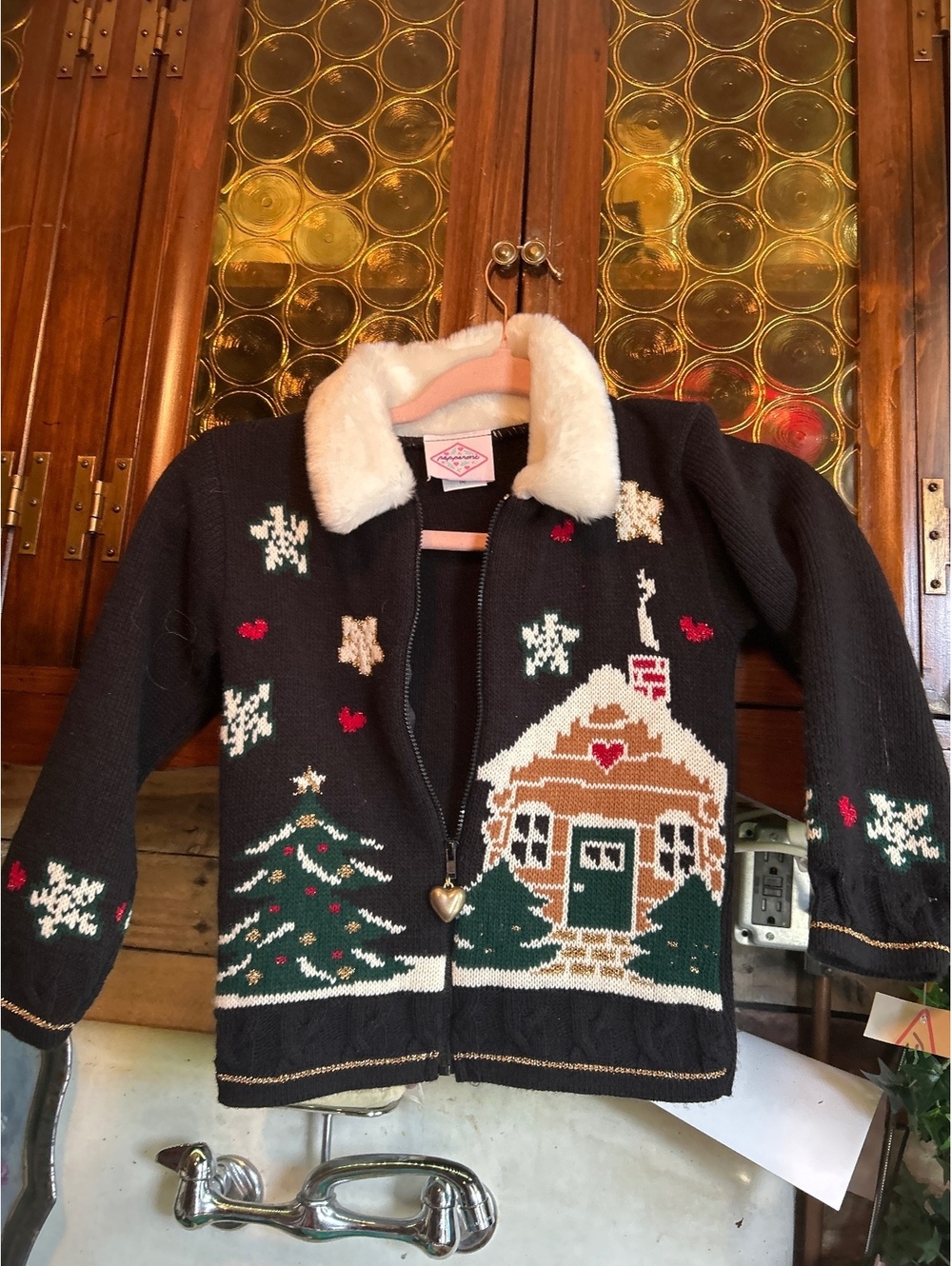 Girls 4 Papparoni Vintage Holiday Knit Cardigan with Faux Fur Collar Small